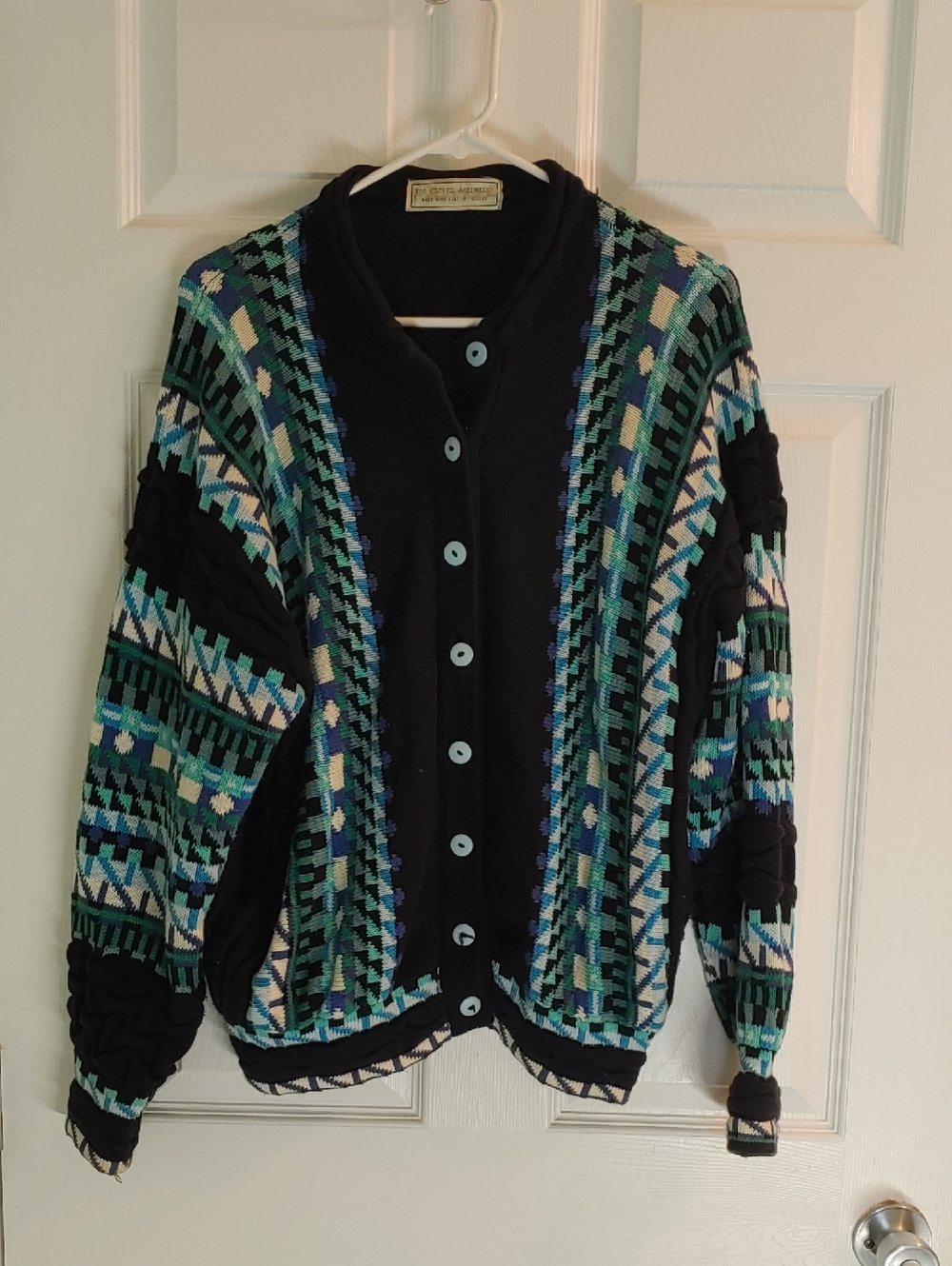 Vintage The Clever Shepherd Cotton Cardigan Black Geometric Unisex Size XXL